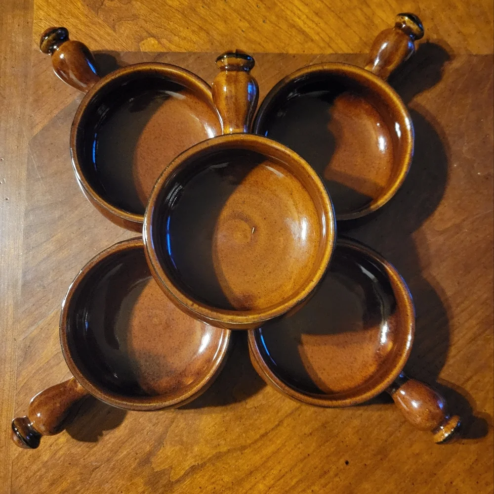 5 Vtg Oven Proof Stoneware Handled Crock Pot Bowl Ceramic Pottery Reddish Brown